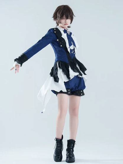 Lolita Ruffle Style Coat Ouji Hemline Web Blue Dark Fabric Cascading Spider Trim Prince