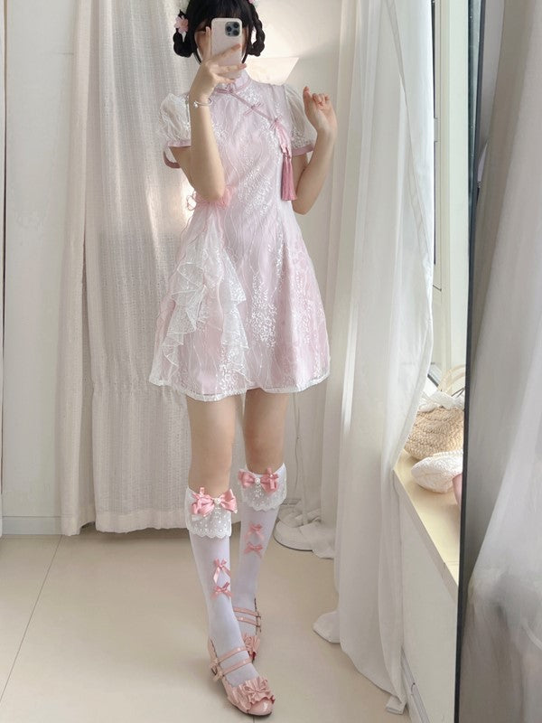 And White Black/White With Underknee Bowknot Details Lace Pink Stockings Cuff