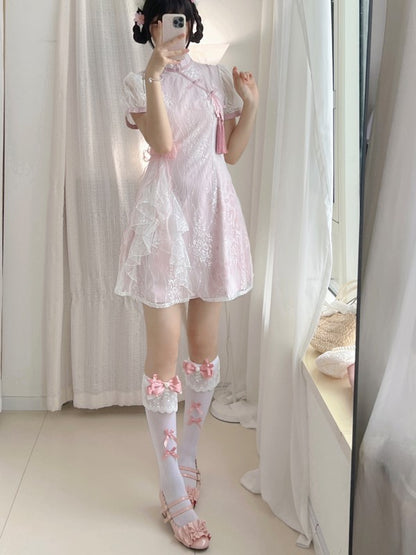 And White Black/White With Underknee Bowknot Details Lace Pink Stockings Cuff
