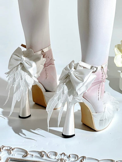 White Beadwork Motifs Regular Floral High Interchangeable Bowknot Heels in with Gothic Ornate Version Details