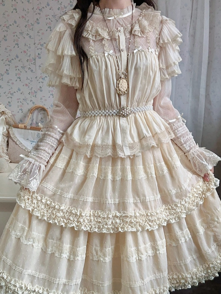 Beige Layered Polka-Dot Lace Skirt - Hana Studio
