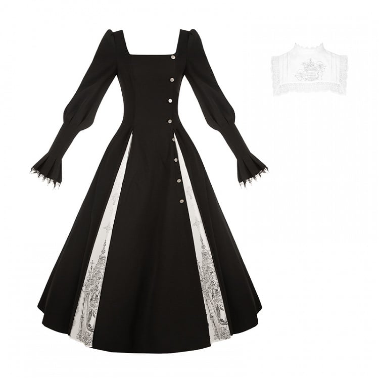 Neckline + White Black Embroidered Dress Gothic Print Square Collar Lolita