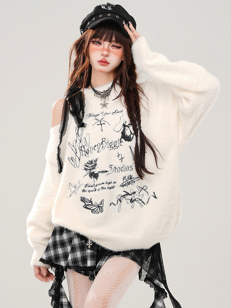 Apricot/Black Butterflies and Bows Cutout Shoulder Mohair Soft Sweater