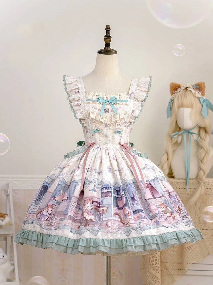 かわいい子猫と緑のリボンのスイートロリータドレス、ひらひらショルダーストラップのジャンパースカート