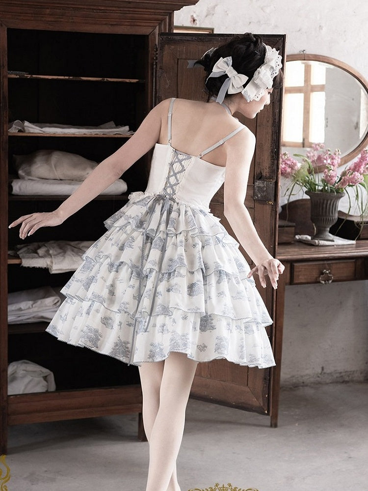Blue & White Floral Print Lolita JSK with Bow Embellishments - CEL