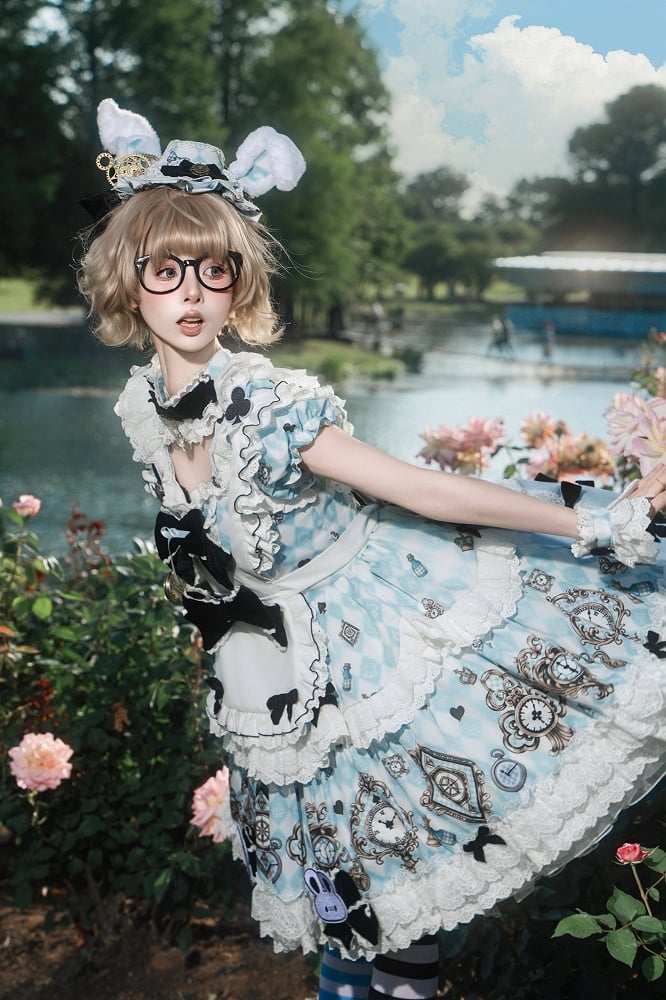 Blue White Diamond Sweet Lolita OP Dress with White Apron - Untitled Heartbeat