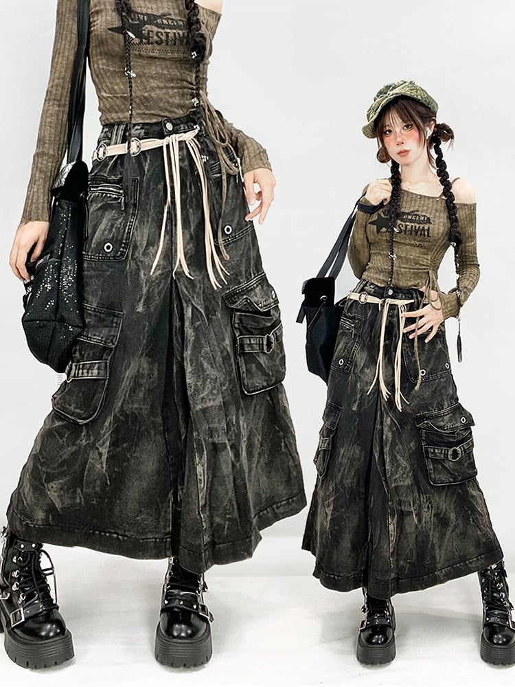 Punk Cargo Skirt with Faded Wash and Pockets - ReddaChic