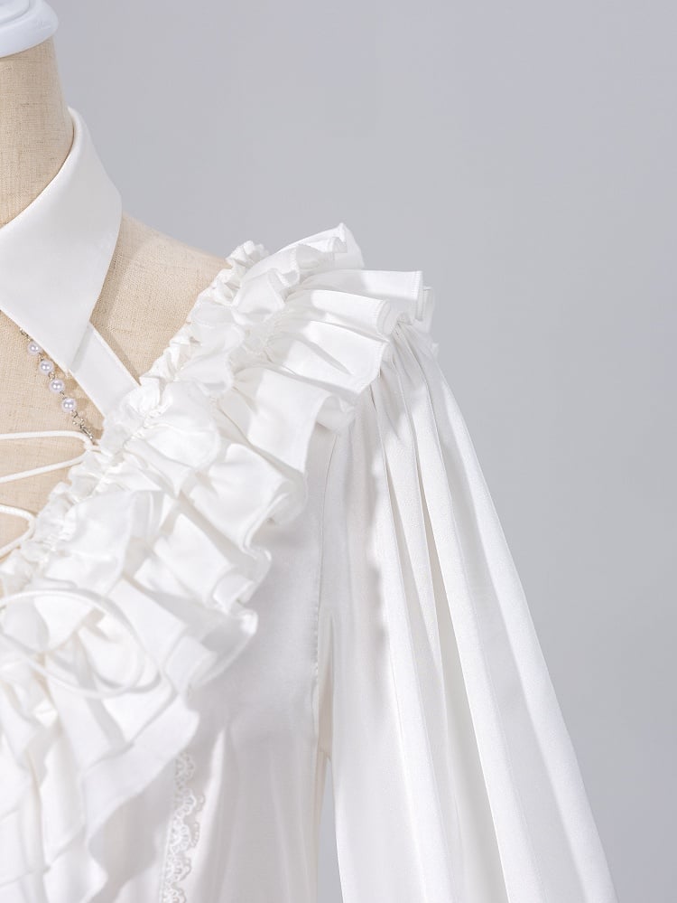 All White Cascading Ruffles V-neck Long Sleeves Backless Shirt with Bead Chains - DevilInspired Exclusive Collection