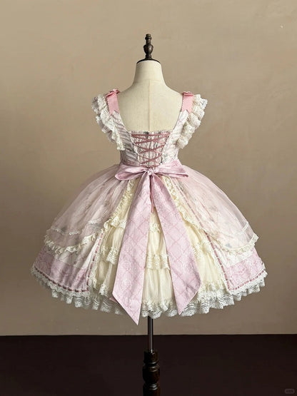 Sweet Lolita JSK Dress Set with Kawaii Bear Ears, Open Back Hem and Floral Print - Treasure House