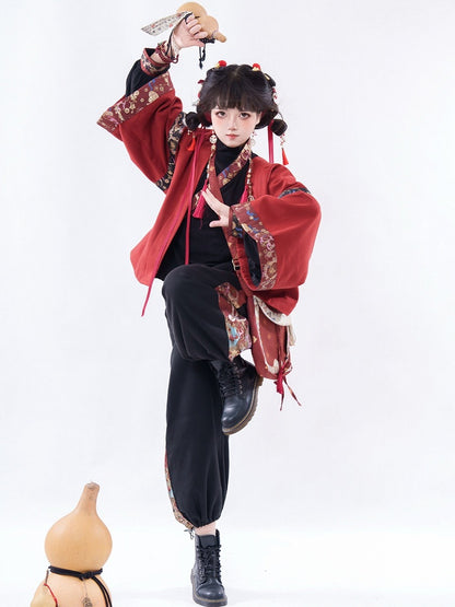 Chinese Style Black Red Chinoiserie Shirt Pants Outerwear Set - Zao Jing Ji