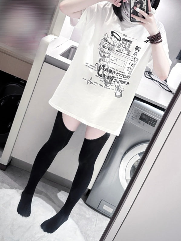 Jirai Schwarz/Weiß Rundhals Cyberpunk T-Shirt Print Kei Angel Baumwolle