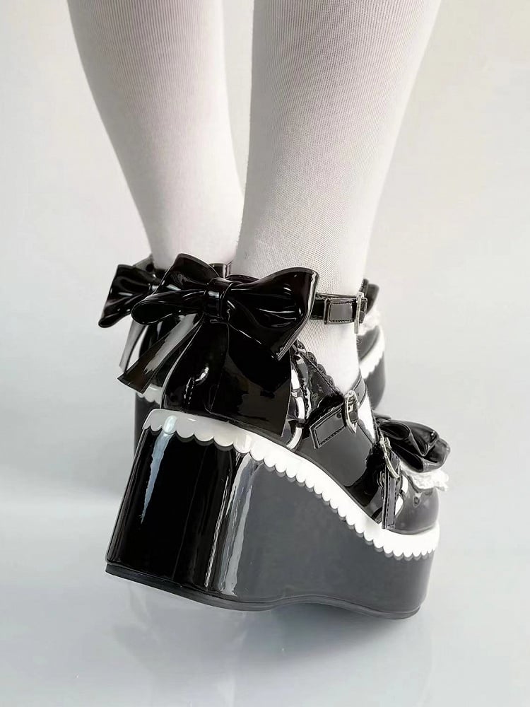 Black Design Sweet Platforms Scalloped Edge PU - Leather