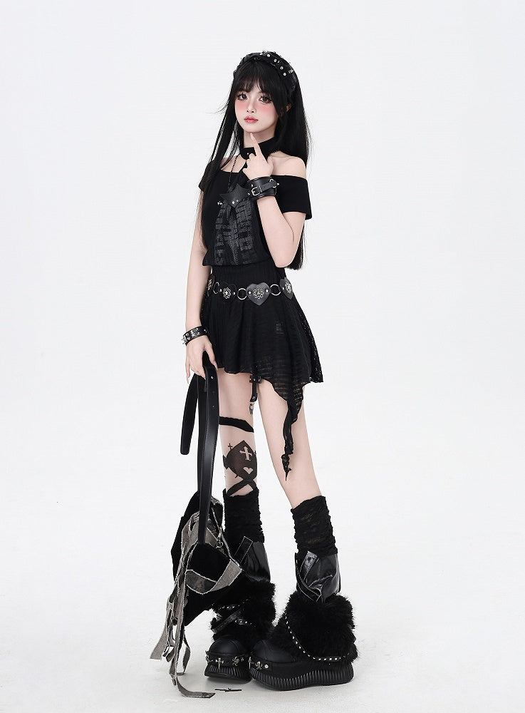 and All-in-one Hem Mini Punk Dress Choker Glamorous Black Asymmetrical Neckline and