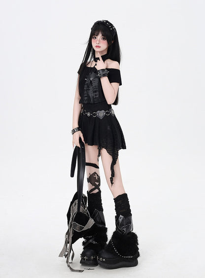 and All-in-one Hem Mini Punk Dress Choker Glamorous Black Asymmetrical Neckline and