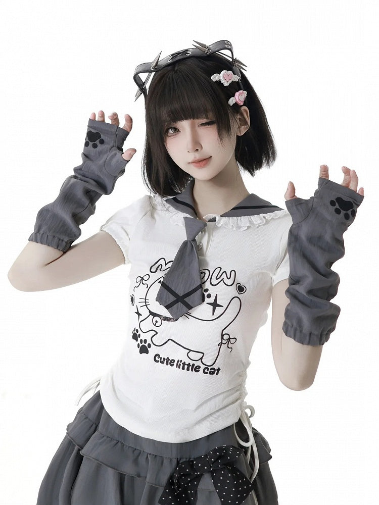 Side Armwear Free Ears with T-shirt Kitty Design Sailor Collar White Drawstring