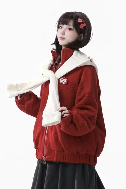 Red - Knit Patch Jacket Banded Brooch Apple Collar