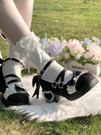 Elegant Lolita Black Platform Mid Block Heel Mary Janes - Crystal Buckle, Ruffle Trim & Heart Patch Heel