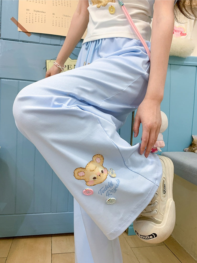 ワイドレッグカジュアルパンツ ブルー ドローストリングウエスト クマプリントカフ