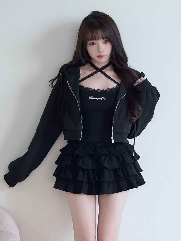 Set Camisole Lace Kei Letter + Jirai Pattern Hoodie Zip Black
