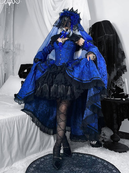 Klein Blue Black Gothic Corset Ensemble Skirt Collar Bell Sleeves - Somnium Isle