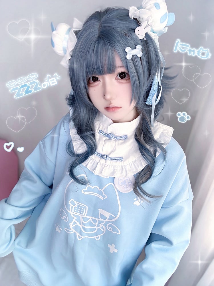 with Collar Kitten Sweatshirt and Print Frog Button Style Detachable Angelic Cheongsam Blue/Black Landmine