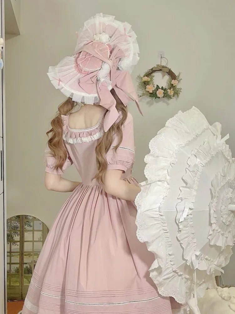 Dress Embroidery Lolita Jasmine Square Neckline Pink Cotton