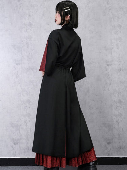Double-Layer with Thicken/Thin Hem Print Cheongsam Red Pleated Black Snake Skirt Asymmetrical