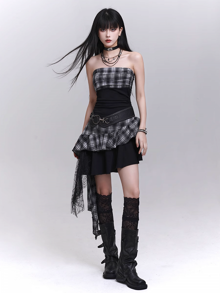Trägerloses Kleid Rock Schwarz Weiß Plaid Asymmetrischer Saum Stufen