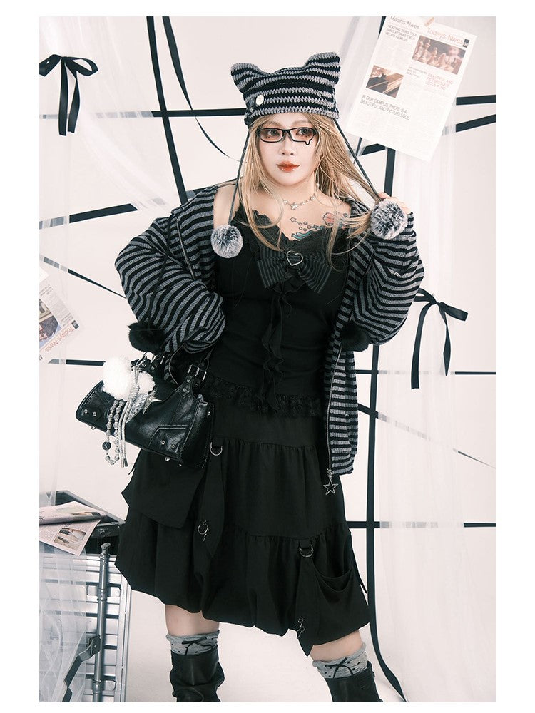 Skirt Hooked Black Plus Elastic Bubble with Knee-Length Waist Size Pockets