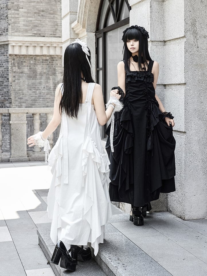 Dress Loose White Goth Ruffles Design Drawstring Cascading