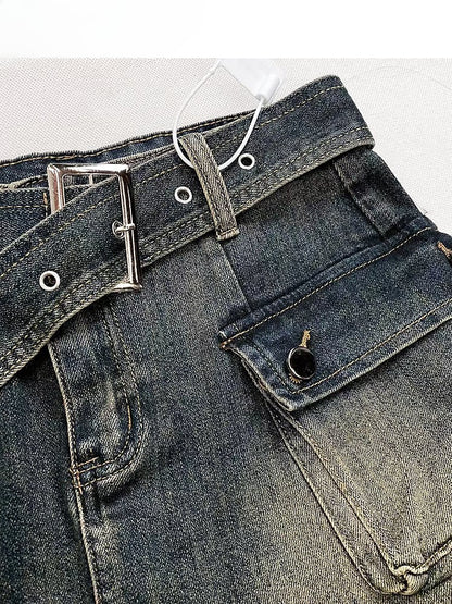 ヴィンテージ ダークブルー ダメージデニム グラマラス スカート カーゴポケット付き