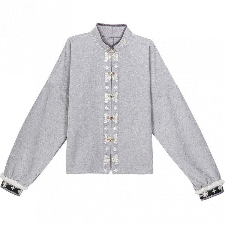Gray Cheongsam Style Banded Collar Long-Sleeve Top