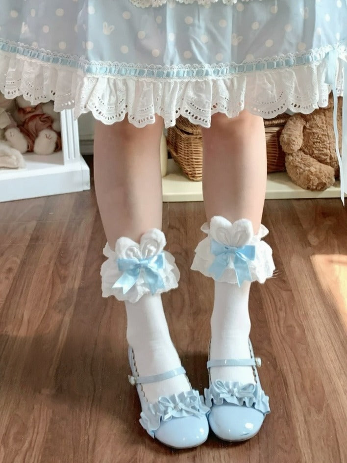 with Bunny Lolita Socks Polka-dot Calf and Bow Ears White