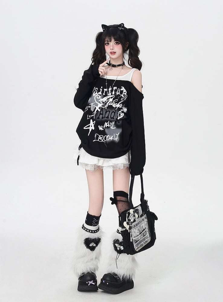 Star Y2K Print Offene Schulter Schwarz/Weiß Top Faux Zweiteiler