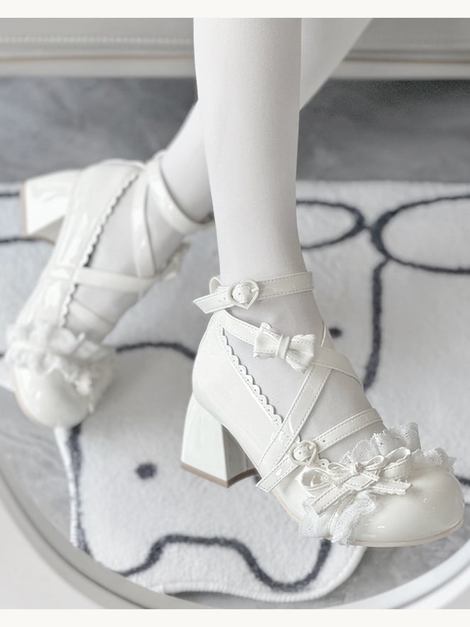 Weiße Lolita-Schuhe mit Schleife, Patch, Blockabsatz und Spitze, Herz-Rüschen, mehrlagig, 6 cm