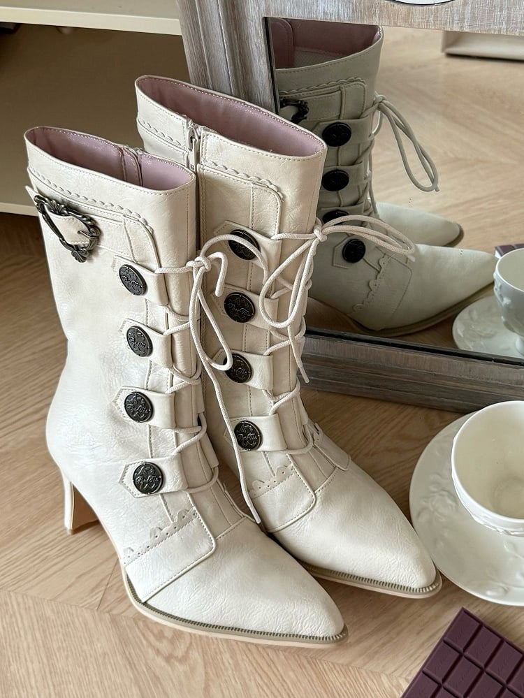 Buckle Heels PU Accents Vintage Off-white Mid-Calf Leather Lacing - Toe Decorative Pointed Lolita with Boots