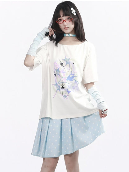 White Wide Round Neck Short Sleeve T-Shirt with Nebula Print - PINK SAVIOR