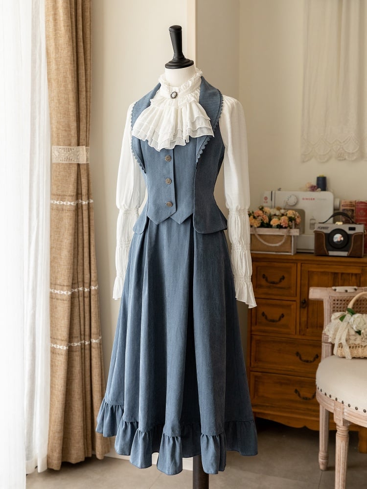 Elegant Dusty Blue Waistcoat and Boned High-Waisted Skirt Set