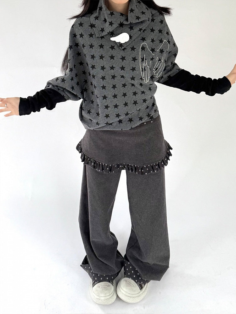 Blouse Star Angel Long Pattern with Wing Asymmetrical Gray Dark Sleeve Accents