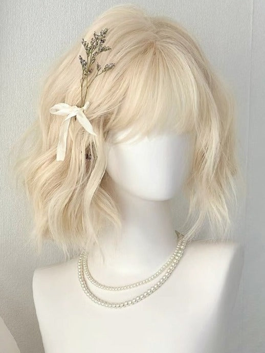 Blonde Curly Wavy Wig with Air Bangs 30cm Short Style - Meow Island Wig