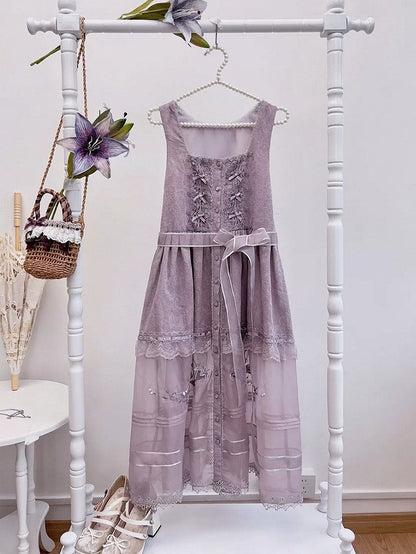 Purple Lace Trim Apron with Bow - Tan Tuan