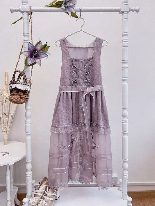 Purple Lace Trim Apron with Bow - Tan Tuan