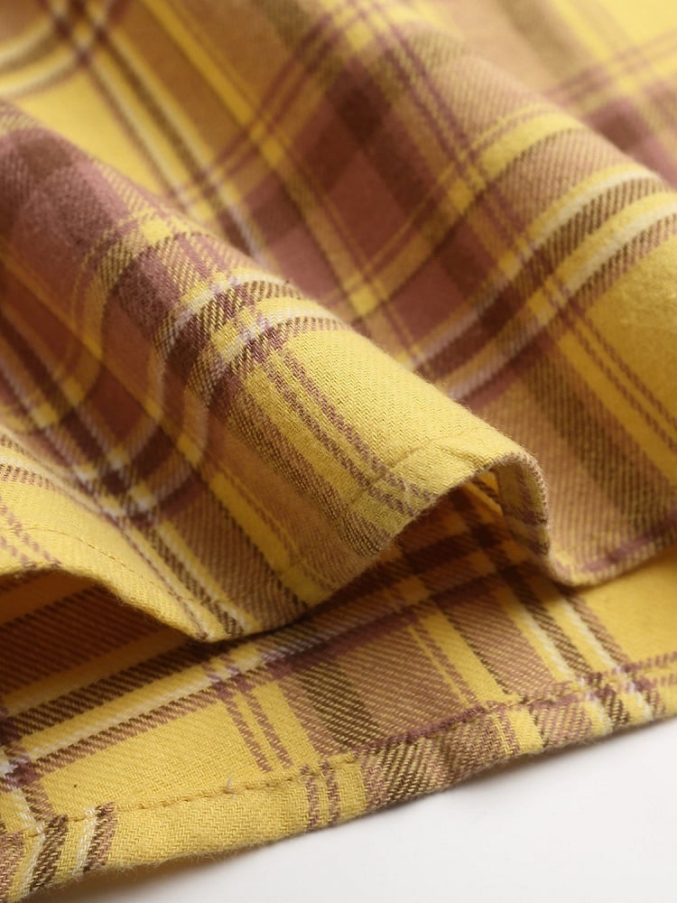 Yellow Plaid Short Sleeve Shirt with Puppy Embroidery - Languid Park