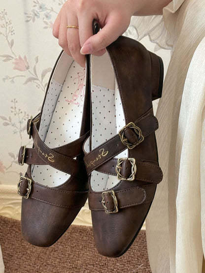 Toe Low Brown with Design Heels Lolita Crisscross Classic Shoes Square