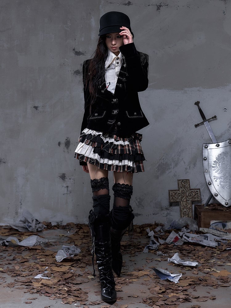 Vintage Punk Shorts Crisscross Plaid Black Skirt Tiered Built-In with Lacing