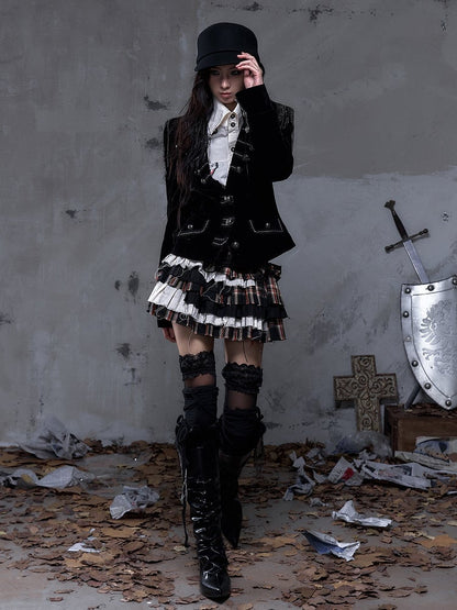 Vintage Punk Shorts Crisscross Plaid Black Skirt Tiered Built-In with Lacing