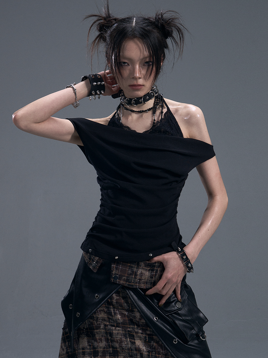 Accents Faux Lace Knit Vest Halter Two-Piece Punk With Black Stud