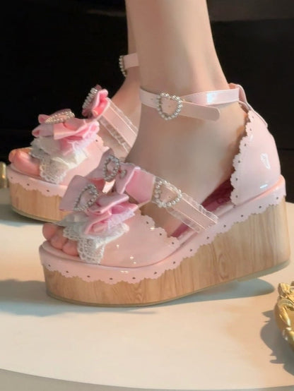 Heart Gyaru Beaded - Bow Wedge Pink Accents Platform Buckles Hime Sandals