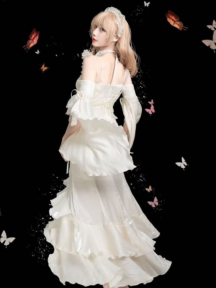 Mermaid Rosette Dress Evening with Detachable Flounce White Sleeves Gown