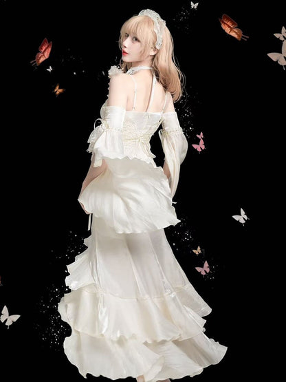Mermaid Rosette Dress Evening with Detachable Flounce White Sleeves Gown